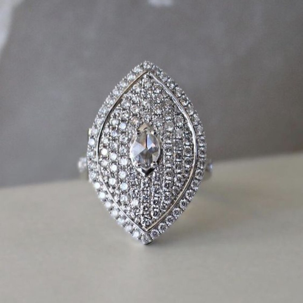 🎁Large Marquis Shiny CZ Royal Court Noble Silver Vintage Ring Women, UNVN12006